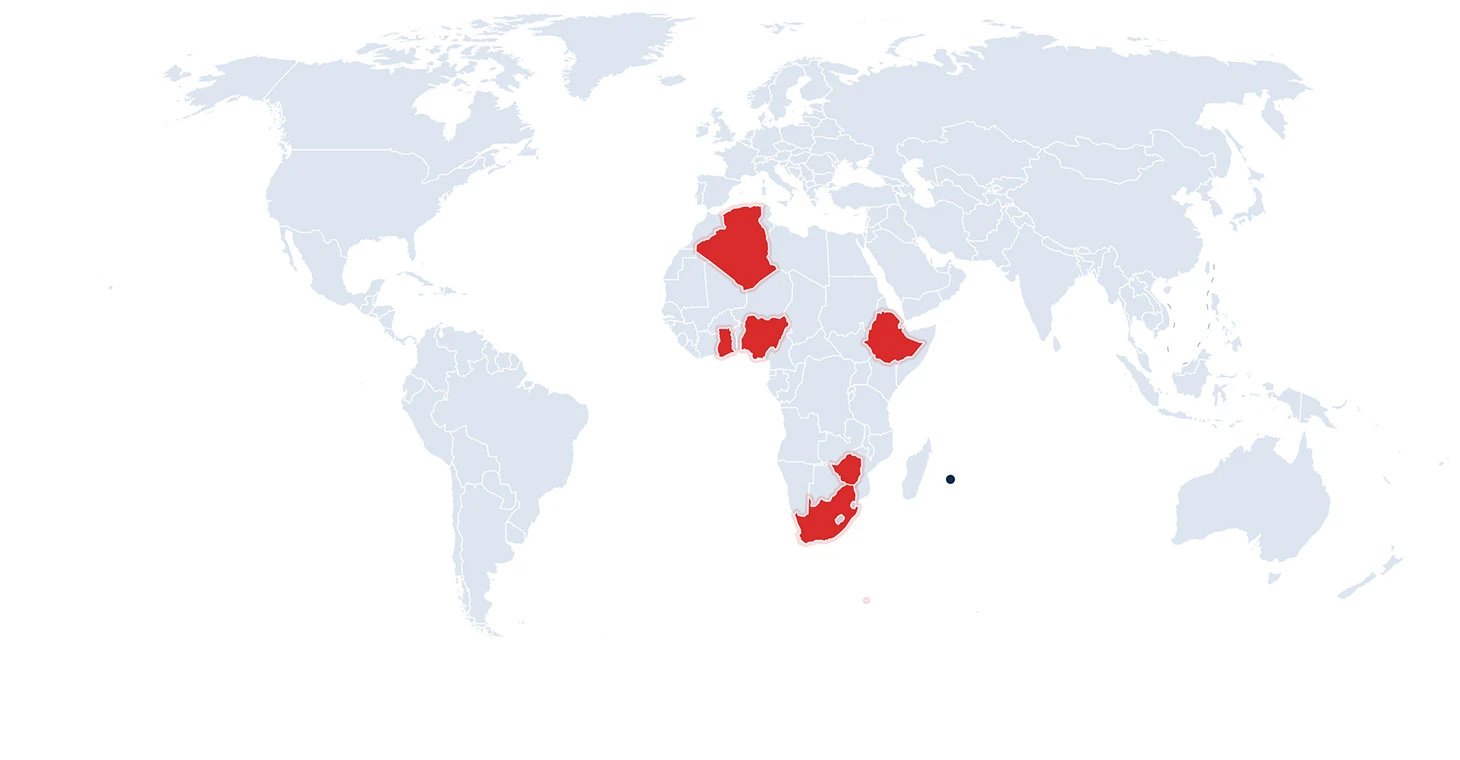 World map highlighting cooperated countries in Africa
