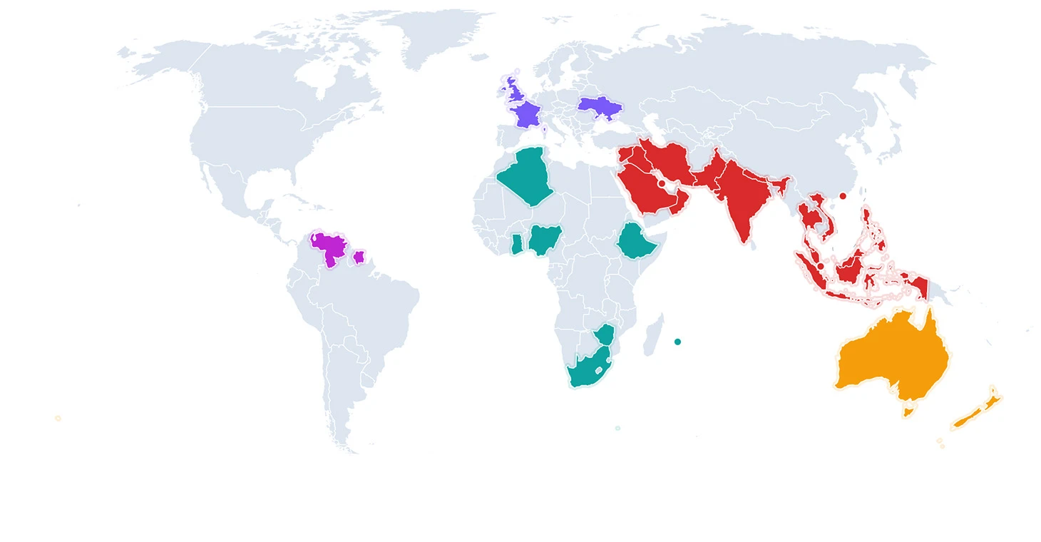 World map highlighting all cooperated countries by region