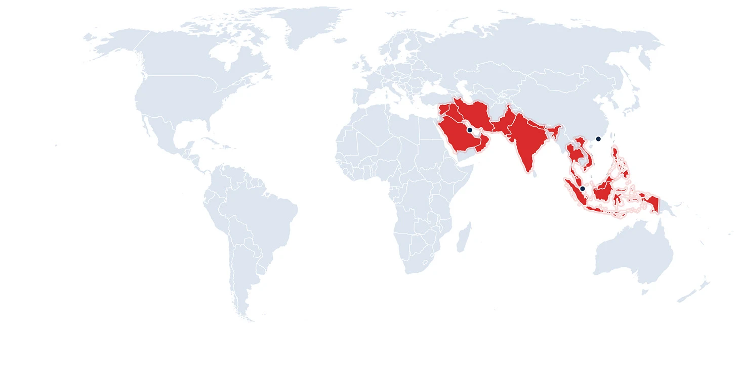 World map highlighting cooperated countries in Asia