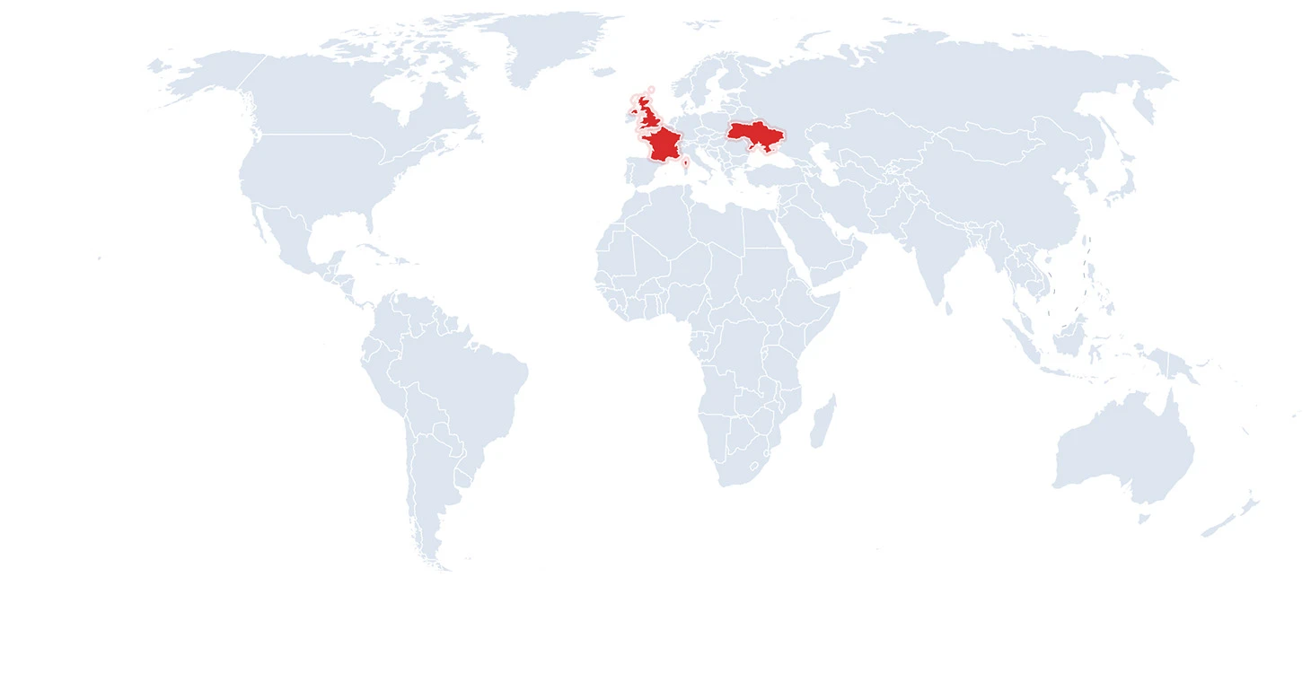World map highlighting cooperated countries in Europe